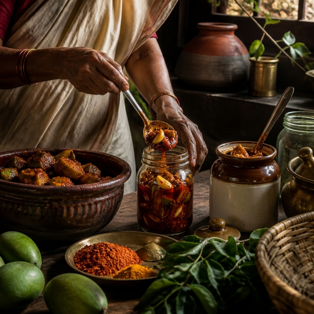 Lalithamma preparing authentic pickles in traditional kitchen
